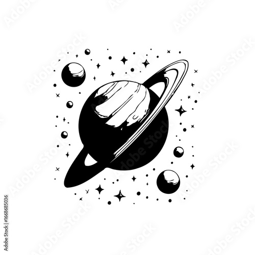Elegant depiction of a ringed planet surrounded by stars and celestial bodies illustration black