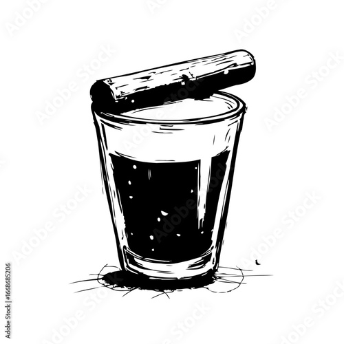 Elegant monochrome illustration of a beverage in a glass with a cinnamon stick resting above the