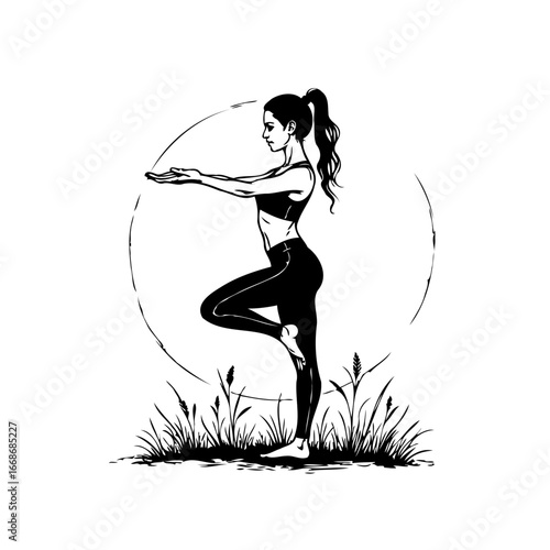 Elegant monochrome illustration showcasing a woman practicing yoga in the tree pose amid serene