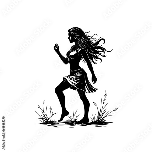 Elegant woman silhouette navigating through grassy terrain embodying freedom and connection with