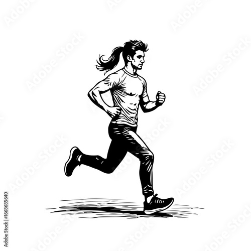 Energetic male athlete captured in motion during intense run depicted with graphic precision and