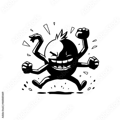 Energetic monochromatic cartoon character expressing joy and movement through exaggerated arms and