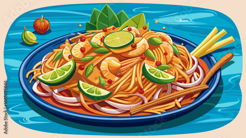  
Very beautiful Delicious Pad Thai with shrimps plate on night market. Traditional asian meal with noodles, peanut, lime. Exotic food snack on dinner. Culinary receipe, tasty dish, spicey savories, f