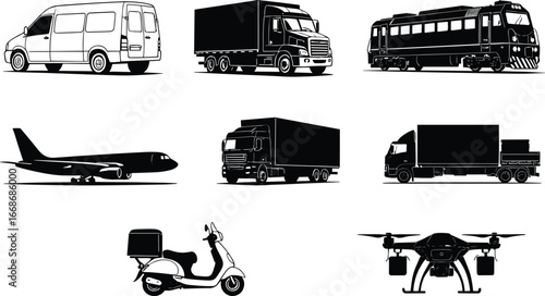 Transportation and delivery vehicles vector set with truck van train airplane scooter drone cargo shipping logistics courier icons black silhouette illustration design