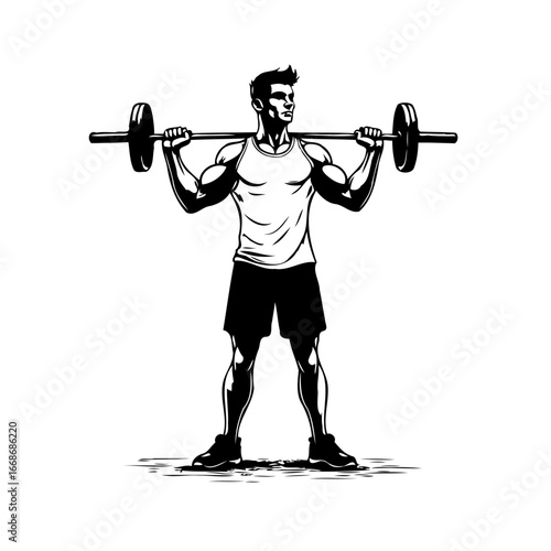 Focused athlete lifting barbell in monochrome illustration of powerful workout and physical