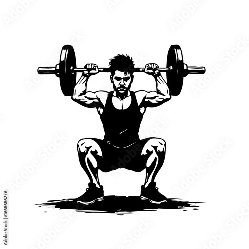 Focused athlete performing barbell squat exercise representing strength training and healthy