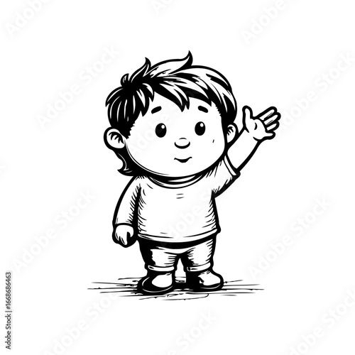 Friendly cartoon boy illustration radiating joy with a simple outfit giving a cheerful wave on