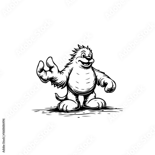 Friendly cartoon creature with cheerful smile offering a greeting illustrated in monochrome line