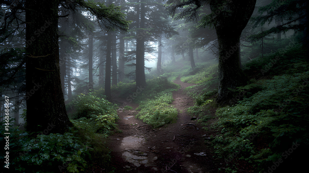 Obraz premium Misty forest with diverging paths and atmospheric lighting