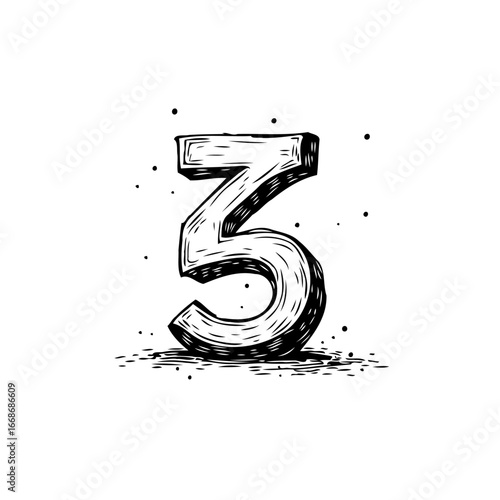 Hand drawn illustrated number three radiating textured vintage aesthetic isolated on white