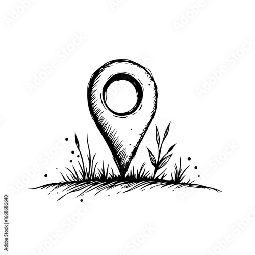 Hand drawn location marker amidst grassy terrain presents artistic conceptualization of place and