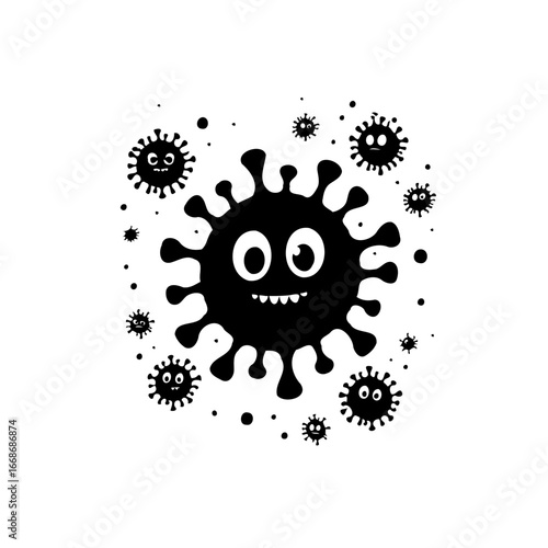 Humorous viral cartoon art portraying germs with playful expressions amid simple black and white