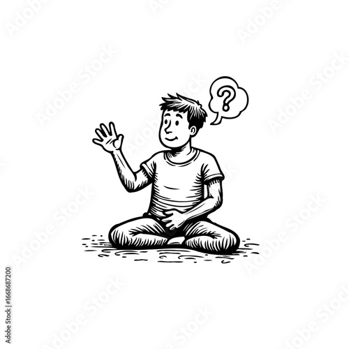 Illustration of a thoughtful young man in a seated position with a question mark above his head