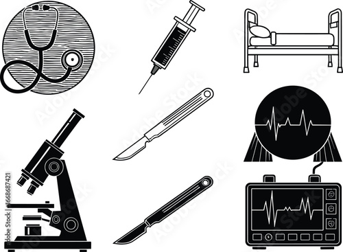 Medical instruments and healthcare equipment set, stethoscope syringe scalpel microscope hospital bed heartbeat monitor doctor nurse surgery research diagnostic vector illustration