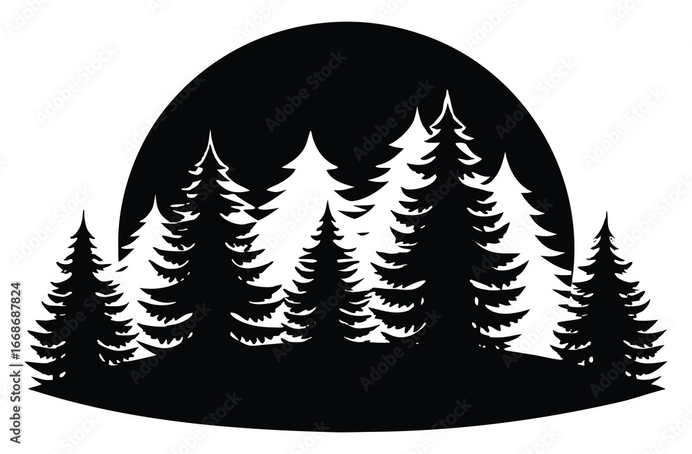 Fototapeta premium Black and white forest landscape silhouette with evergreen trees scene