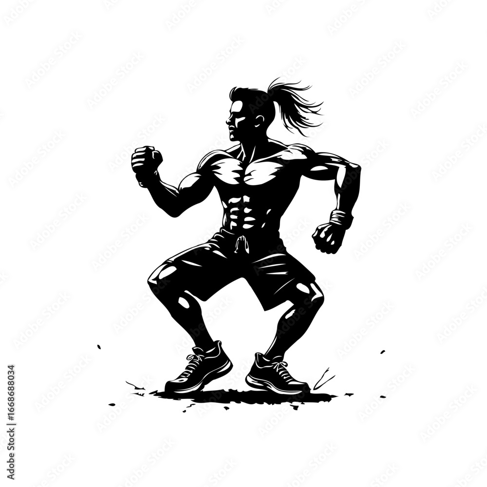 Obraz premium Illustrative portrayal of a strong muscular athlete in active dynamic stance demonstrating
