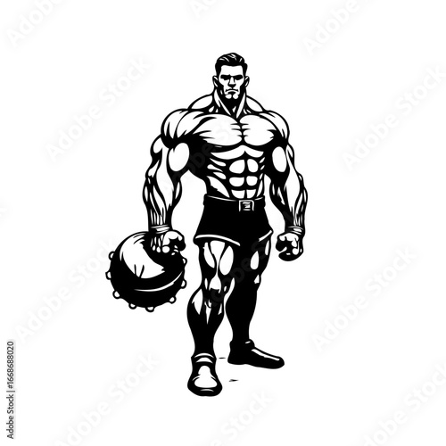 Illustrative physique powerlifter displaying advanced muscularity holding spherical weight for