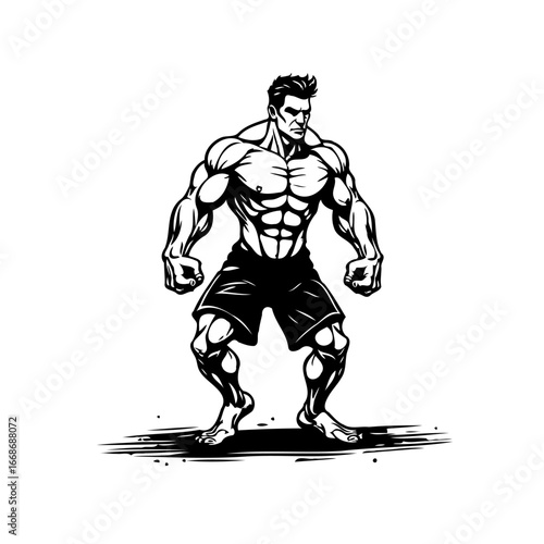 Illustrative representation of a muscular figure standing tall with a determined expression