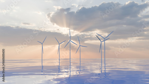 Wind turbines at ocean producing green energy