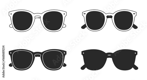 Four different styles of sunglasses with dark lenses and various frames