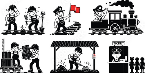 Railway workers vector set – train crew, engineers, track maintenance, cargo loading, ticket booth, flagman, train station illustrations