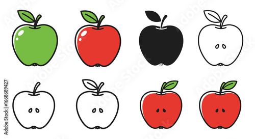 A set of colorful apples in different styles and colors for illustration