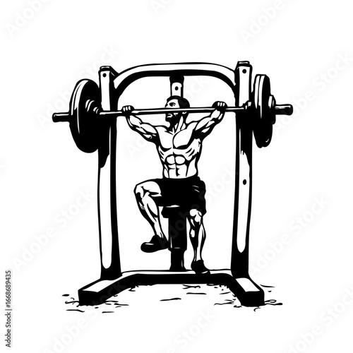 Monochromatic depiction of a muscular athlete engaged in weight training with specialized