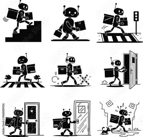 Robot delivery service illustration, futuristic courier technology, artificial intelligence logistics, contactless delivery robot, fast shipping automation, smart city transport design