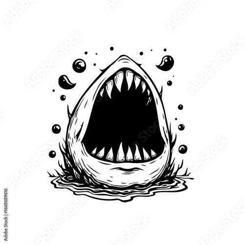 Monochromatic menacing shark with its jaws wide open illustration great white creature artistic