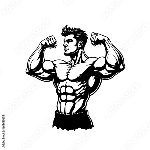 Monochromatic muscular figure showcasing bicep strength with detailed physique and dynamic body