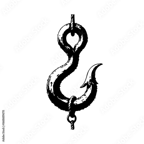 Monochromatic rendering of a forged hook suspended by links displaying meticulous texture and form