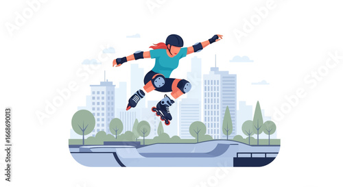 Flat illustration of a female skater performing an aggressive inline skating jump on a half-pipe at a city skate park, symbolizing extreme sports, energy, and modern youth lifestyle