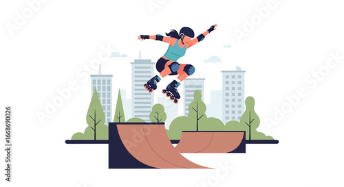 Flat illustration of a female skater performing an aggressive inline skating jump on a half-pipe at a city skate park, symbolizing extreme sports, energy, and modern youth lifestyle