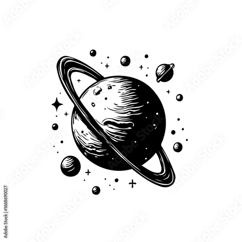 Monochrome celestial sketch showcasing a ringed planet amidst scattered stars and cosmic bodies