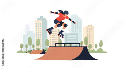 Flat illustration of a female skater performing an aggressive inline skating jump on a half-pipe at a city skate park, symbolizing extreme sports, energy, and modern youth lifestyle