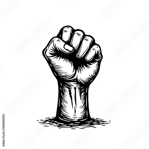 Monochrome clenched fist illustration with determined uprising symbol of empowerment and unity for