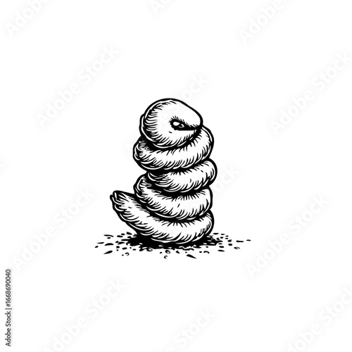 Monochrome coiled creature art illustrating a mysterious being with a hypnotic gaze on clear