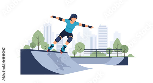 Flat illustration of a female athlete performing aggressive inline skating on a ramp at an urban skate park, highlighting extreme sports, balance, and active youth lifestyle in the city