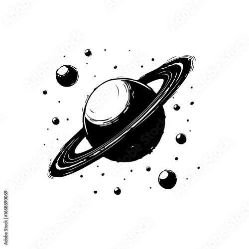 Monochrome cosmic illustration depicts a ringed planet surrounded by celestial bodies and