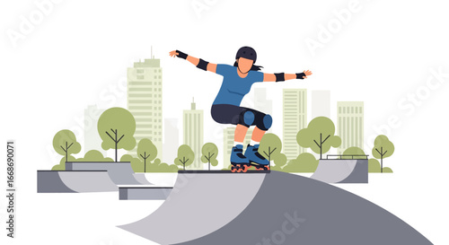 Flat illustration of a female athlete performing aggressive inline skating on a ramp at an urban skate park, highlighting extreme sports, balance, and active youth lifestyle in the city