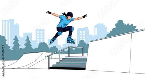 Flat illustration of a female athlete performing an aggressive inline skating jump over stairs at a city skate park, symbolizing extreme sports, youth culture, and urban active lifestyle