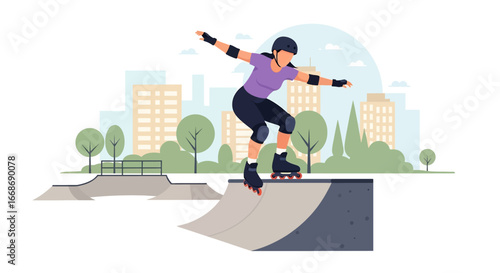 Flat illustration of a female athlete performing aggressive inline skating on a ramp at an urban skate park, highlighting extreme sports, balance, and active youth lifestyle in the city