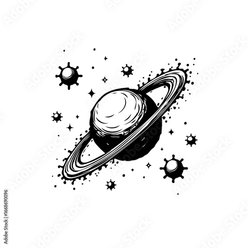 Monochrome cosmic sketch showing ringed planet surrounded by celestial bodies in vast expanse of
