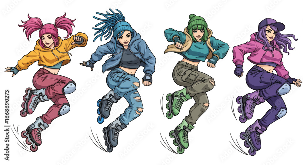 Obraz premium Vector art of young women rollerblading with dynamic tricks and stunts, showcasing urban street style, energy, and action sports culture, ideal for lifestyle, youth, and fitness concepts