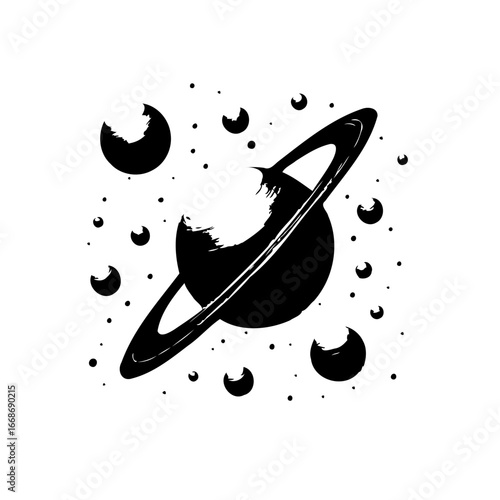Monochrome depiction of a ringed planet surrounded by cosmic particles offering a minimalist