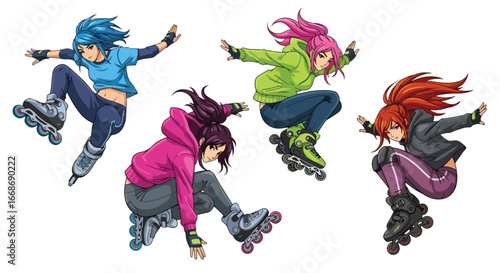Vector art of young women rollerblading with dynamic tricks and stunts, showcasing urban street style, energy, and action sports culture, ideal for lifestyle, youth, and fitness concepts