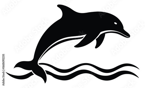 Black Dolphin Silhouette Jumping Over Waves Illustration for Ocean Animal Design
