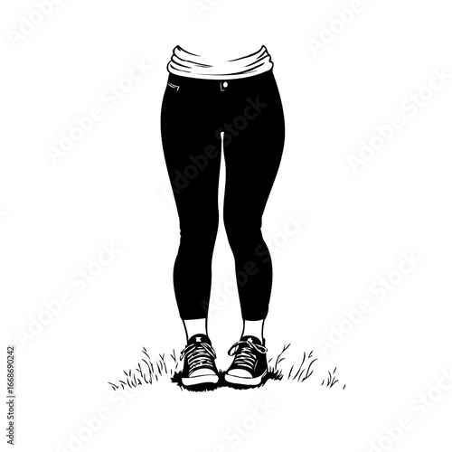 Monochrome depiction of a woman's legs in leggings and shoes standing on grass drawn in black ink