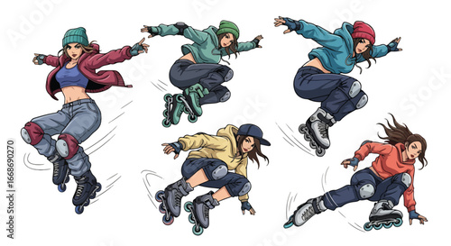 Vector art of young women rollerblading with dynamic tricks and stunts, showcasing urban street style, energy, and action sports culture, ideal for lifestyle, youth, and fitness concepts