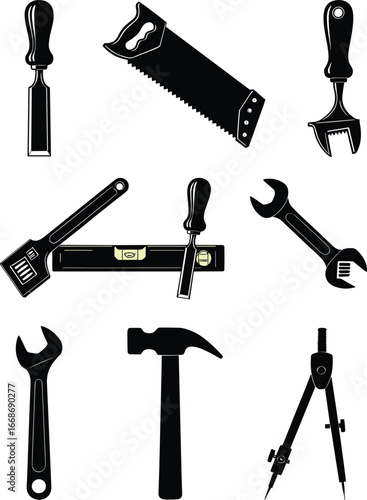 Hand tool vector illustration set, hammer, wrench, saw, chisel, compass, level, spanner, construction and carpentry icons for repair, mechanic, DIY projects